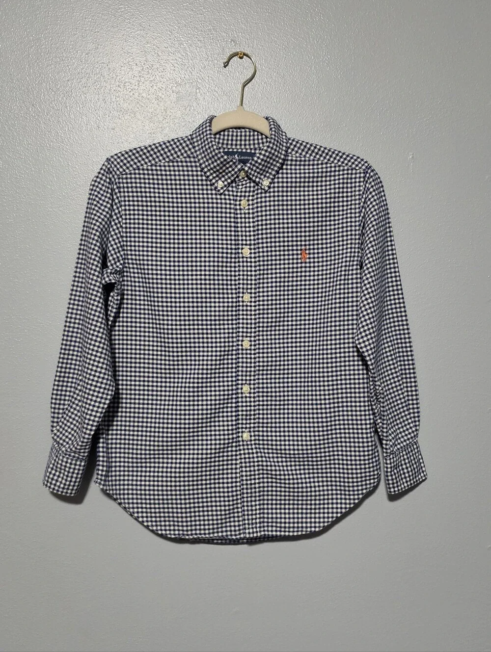 RALPH LAUREN Boys Button Down Shirt Size Medium Blue White Gingham Cotton Preppy